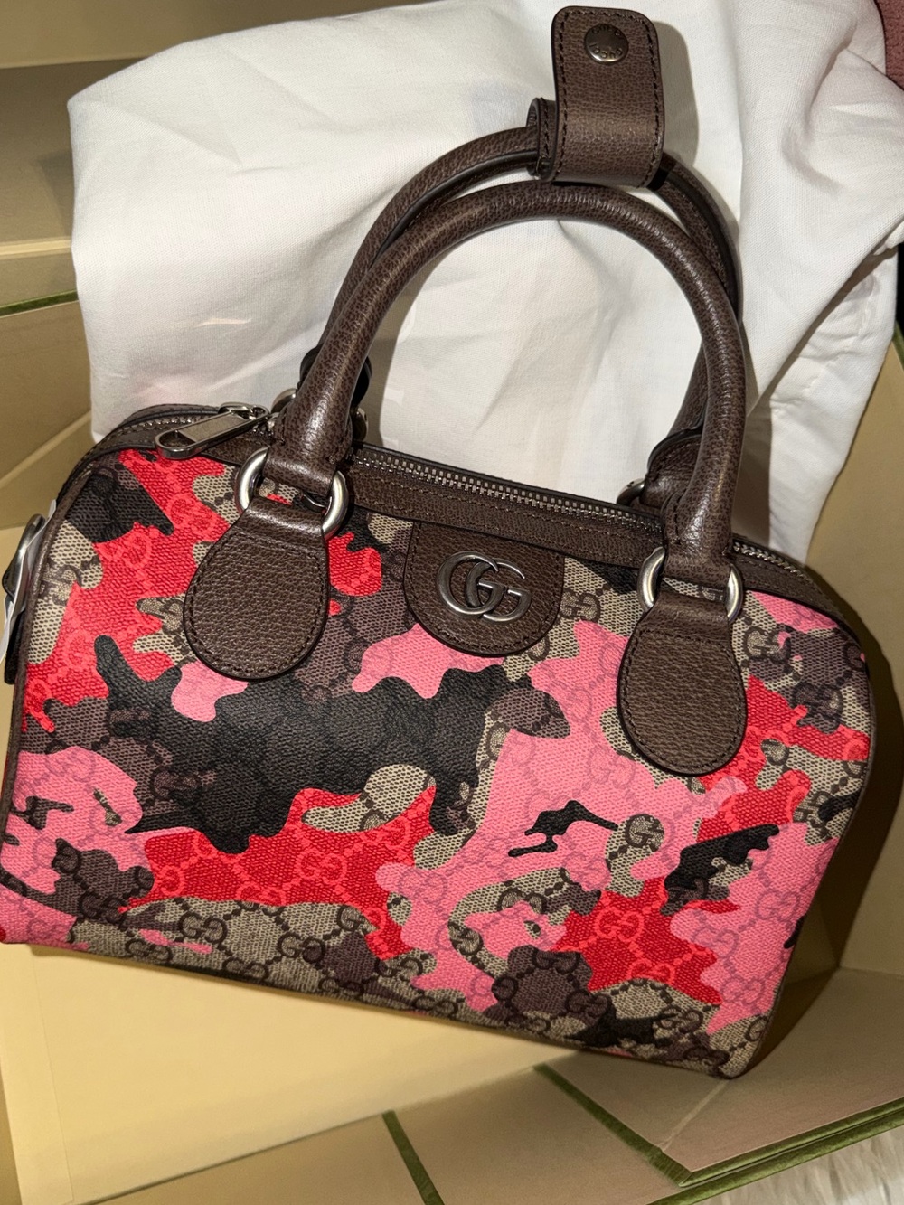 GUCCI Camo Boston Bag Pink Red Beige GG Canvas Brn Leather Trim Small Duffle NWT